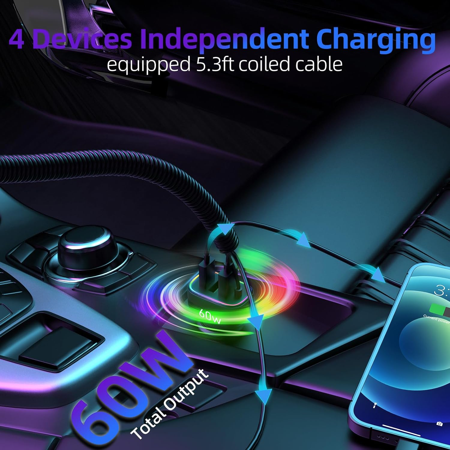 60W 4-Port USB-C & 18W USB-A QC3.0 Fast Charging Car Charger with Colorful Ring LED Light