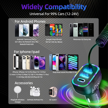 60W 4-Port USB-C & 18W USB-A QC3.0 Fast Charging Car Charger with Colorful Ring LED Light