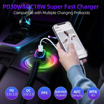 60W 4-Port USB-C & 18W USB-A QC3.0 Fast Charging Car Charger with Colorful Ring LED Light