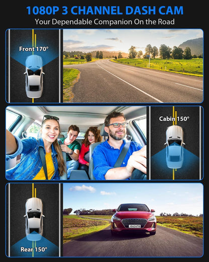Dash Cam Front and Rear, 1080P Dash Camera for Cars, 3 Channel Car Camera Front Rear and inside with 32GB Card, Loop Recording, Night Vision, HDR, 24Hr Parking, G-Sensor