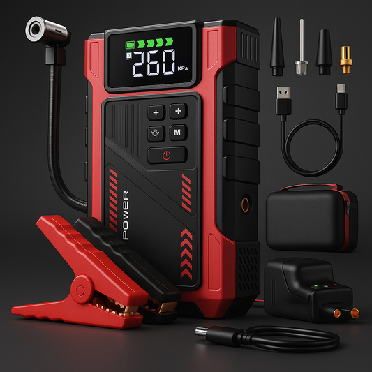 4000A Jump Starter with Air Compressor – Portable 12V Car Battery Booster & Tire Inflator for 9.0L Gas / 7.5L Diesel – Power Bank with LED Light & Smart Jumper Cables