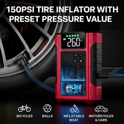 4000A Jump Starter with Air Compressor – Portable 12V Car Battery Booster & Tire Inflator for 9.0L Gas / 7.5L Diesel – Power Bank with LED Light & Smart Jumper Cables
