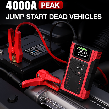 4000A Jump Starter with Air Compressor – Portable 12V Car Battery Booster & Tire Inflator for 9.0L Gas / 7.5L Diesel – Power Bank with LED Light & Smart Jumper Cables