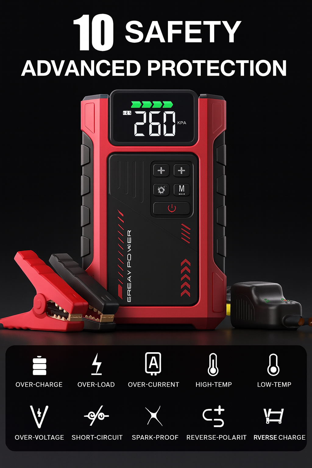 4000A Jump Starter with Air Compressor – Portable 12V Car Battery Booster & Tire Inflator for 9.0L Gas / 7.5L Diesel – Power Bank with LED Light & Smart Jumper Cables